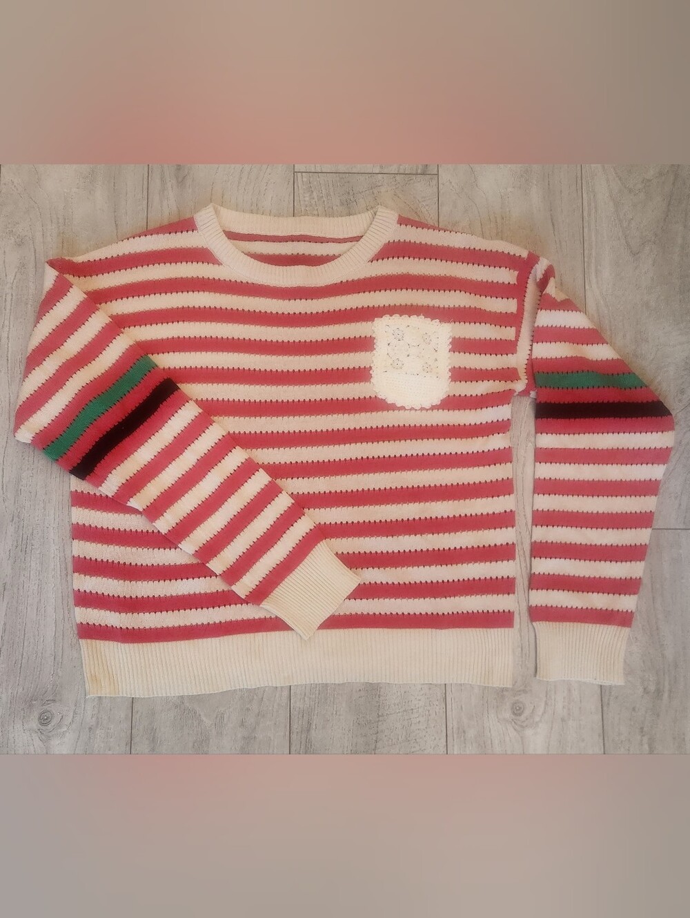 Women's Watermelon and Cream Stripped Lightweight Sweater Sz S